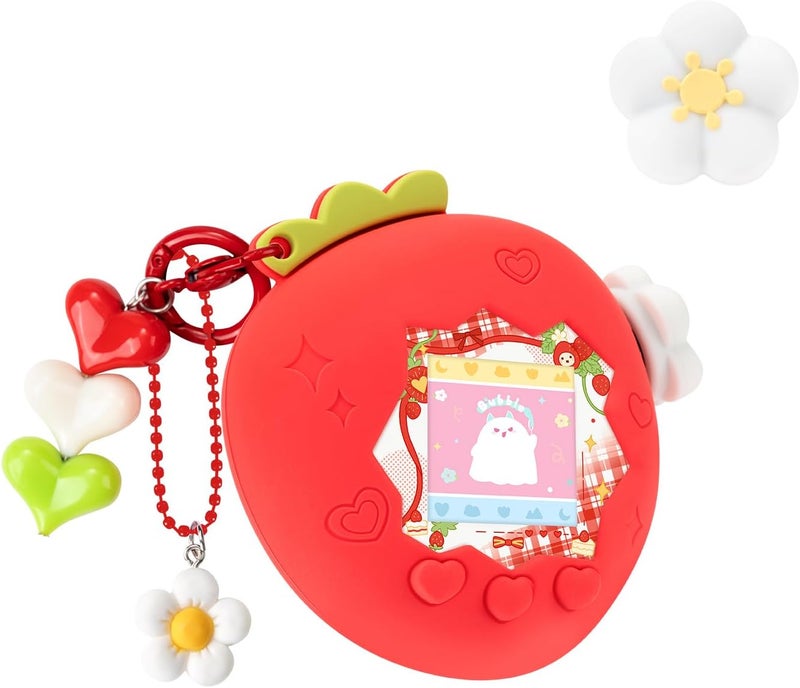 BUBBLELOGUS Strawberry Bubble Protective Case for Tamagotchi Paradise, Soft TPU Silicone Cover with Faceplate, Flower Shaped Zoom Dial Cap & Charms Set, Anti-Scratch & Waterproof (Red) - Image 1